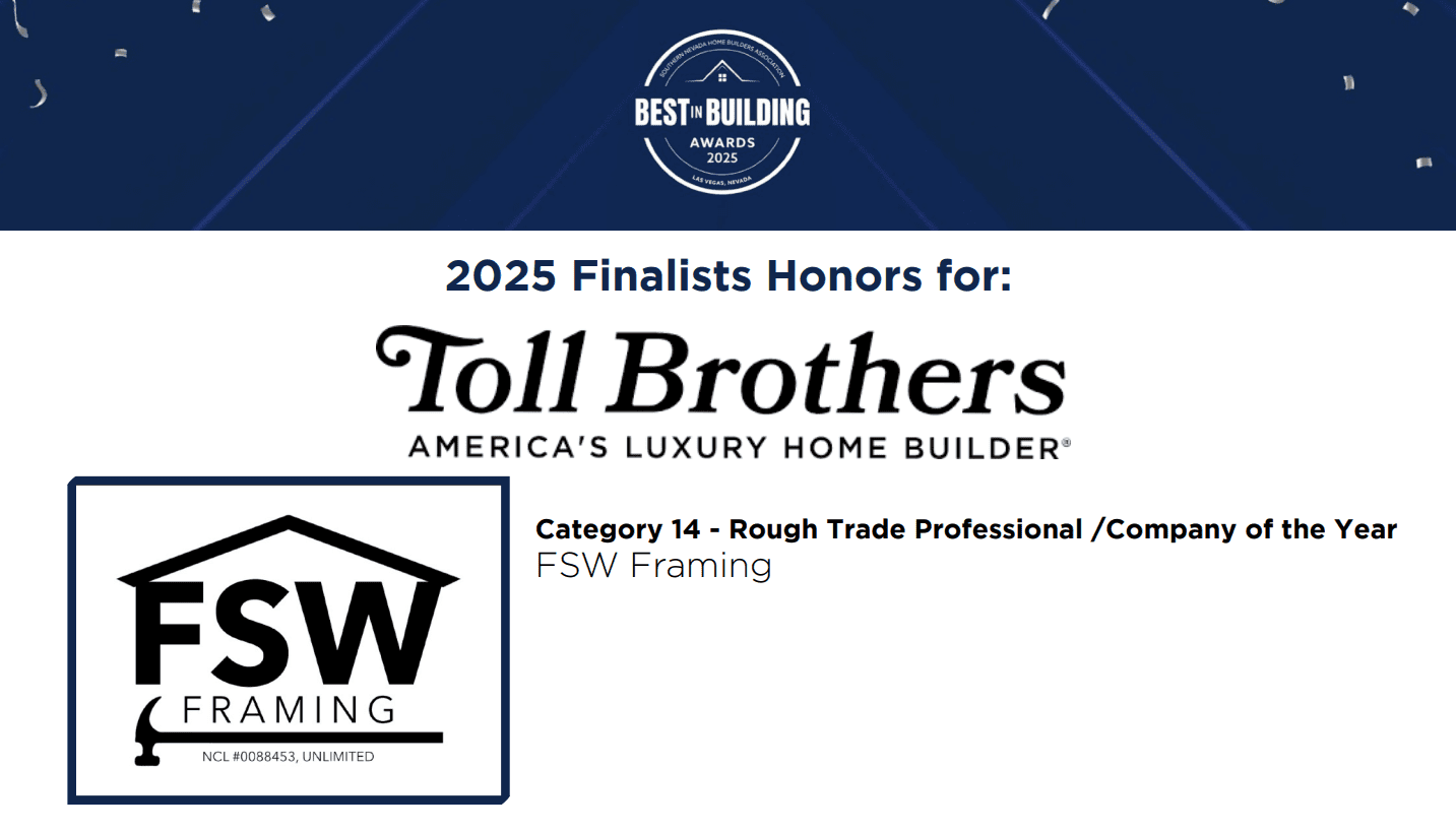Certificate honoring Toll Brothers as a 2025 finalist for luxury home building.